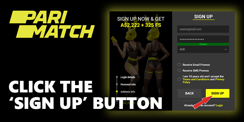 red arrow on the sign-up button at Parimatch sing-up form